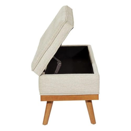 Mid-Century Storage Bench, 43.5"W x 17.5"D x 18.5"H, Linen Beige Fabric, Button-Tufted Design, Solid Wood Espresso Legs, Soft-Close Hinged Top, Hidden Storage for Bedroom or Entryway Use