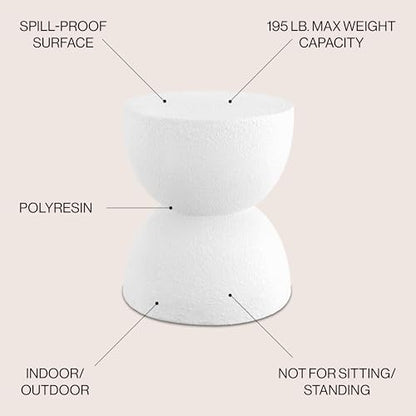 Greta 18" Hourglass Side Table, White Frosted | Indoor/Outdoor, Textured Polyresin Finish, All-Weather Modern Drink Stand, Plant Pot Pedestal, No Assembly Required