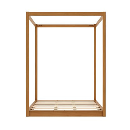 Queen Size Canopy Bed, Wood 4 Poster Floor Bed Frame with Wood Slats Support, view 8
