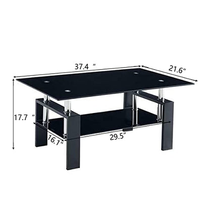 Black 2 tier glass top coffee table with wooden legs, view 3