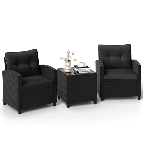 3 Pieces Patio Furniture Set, Wicker Conversation Set Outdoor Chairs with Cushions, Glass Coffee Table, Rattan Bistro Set for Front Porch Balcony Garden Deck Poolside (Black)