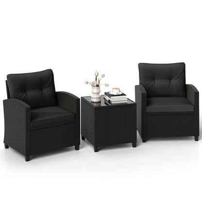 3 Pieces Patio Furniture Set, Wicker Conversation Set Outdoor Chairs with Cushions, Glass Coffee Table, Rattan Bistro Set for Front Porch Balcony Garden Deck Poolside (Black)