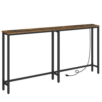 63" Narrow Console Table with Charging Station, 5.9" Slim Sofa Table Behind Couch, 2 AC Outlets & USB-C Ports, Long Entryway Tables for Small Spaces, Livingroom, Rustic Brown BF165UXG01G1