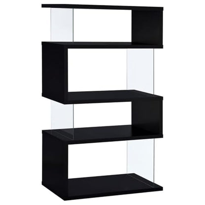 4-Shelf Contemporary Wood Bookcase, Black Finish, Glass Side Panels, Zigzag Design, 63 in H x 35.5 in W x 15.5 in D, Modern Storage for Home Office or Living Room