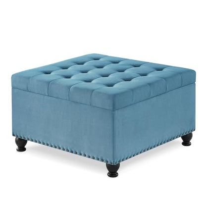 Linen Oversized Storage Ottoman,Large Square Ottoman Bench with Storage,Tufted Sofa Ottomans Footstool,Mid Century Modern Coffee Table for Living Room with Nailhead Trim (Light Blue)