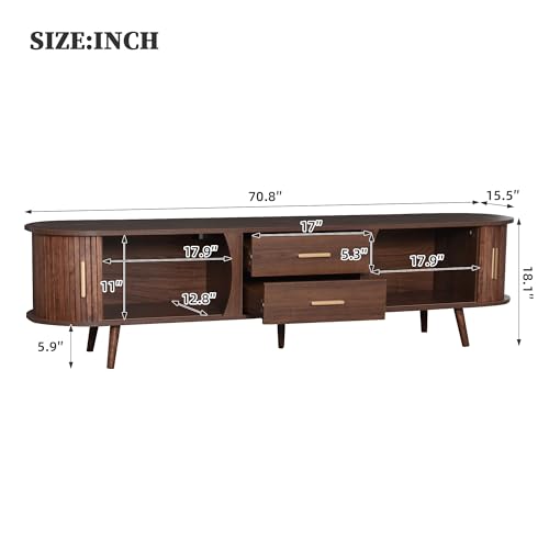 70" Fluted TV Stand for TVs Up to 80", Mid Century Entertainment Center with Sliding Tambour Doors and Drawers, Modern Curved Media Console with Storage for Living Room, Walnut