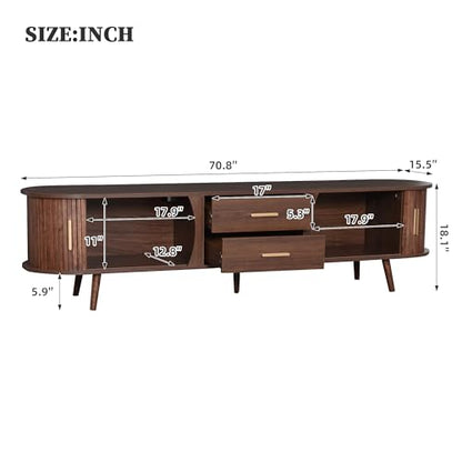 70" Fluted TV Stand for TVs Up to 80", Mid Century Entertainment Center with Sliding Tambour Doors and Drawers, Modern Curved Media Console with Storage for Living Room, Walnut