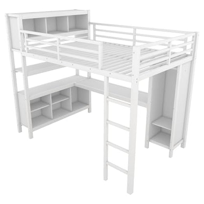 JIVOIT Full Size Loft Bed with L-Shaped Desk, Storage Cubes and Shelves, Heavy Duty Metal Loft Bed with Wardrobe for Kids Teens Adults, No Box Spring Needed (White/ Full,76)