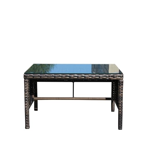 Coffee Table Outdoor Patio Furniture, Tempered Glass Top, Wicker Design, Brown, 30.75x17.5x15 Inch, Water Resistant, Assembly Required