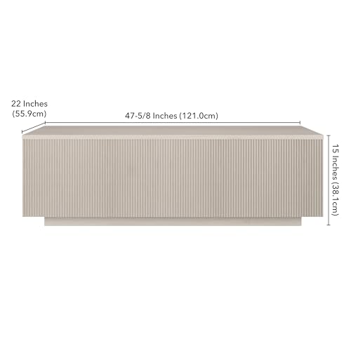 48" Fluted Rectangular Low-Profile Coffee Table with Ribbed Base for Living Room, Family Room, or Office, Beech White