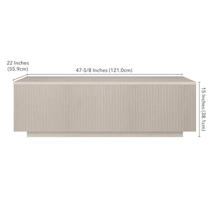 48" Fluted Rectangular Low-Profile Coffee Table with Ribbed Base for Living Room, Family Room, or Office, Beech White