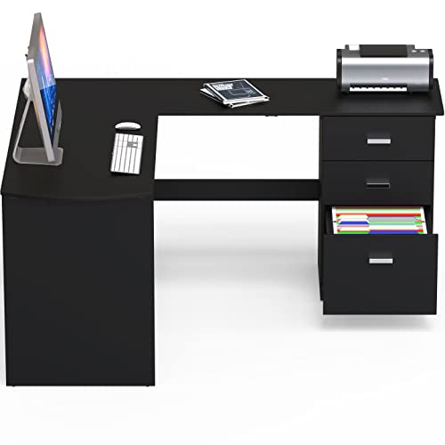 51 x 59 Inches L-Shaped Home Office Wood Corner Desk with Box Box File Drawers, Black