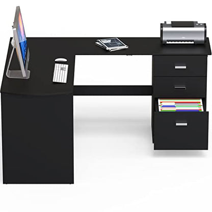 51 x 59 Inches L-Shaped Home Office Wood Corner Desk with Box Box File Drawers, Black