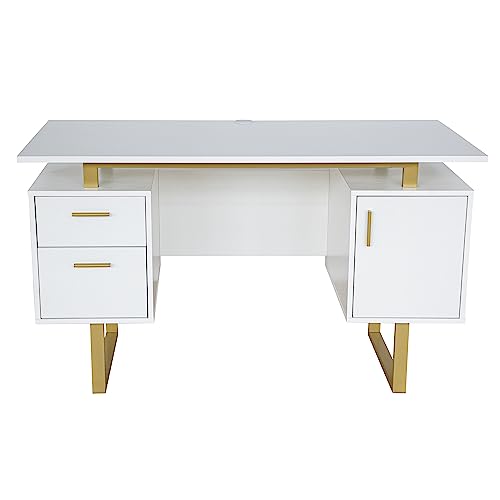 Storage Drawers and Cabinet 51.25” W-Modern Office Large Floating Desktop Surface Desk, 23.6" D x 51.2" W x 29.8" H, White/Gold