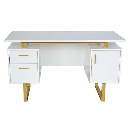 Storage Drawers and Cabinet 51.25” W-Modern Office Large Floating Desktop Surface Desk, 23.6" D x 51.2" W x 29.8" H, White/Gold