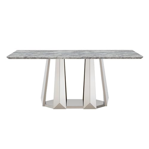 Marble Dining Table for 6 People, 70'' Rectangle Faux Marble Dining Table with Mirrored Stainless Steel Base, Large Size Marble Kitchen Table (Silver,Grey)(only Table)