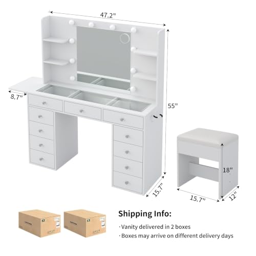 Vanity Desk with Power Outlet, 11 Drawers Makeup Vanity with Lighted Mirror, 3 Colors Adjustable, Glass Top Vanity with Chair, 4 Shelves and Fold-up Panel, Dressing Table for Bedroom, White