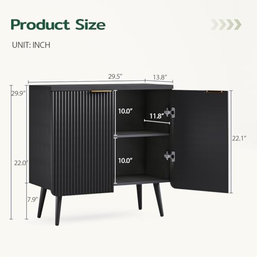 Wood Fluted Sideboard with 2 Doors, Modern Buffet Cabinet with Shelves, Multi-Space Storage Credenza Kitchen for Entryway, Dining & Living Room, Black