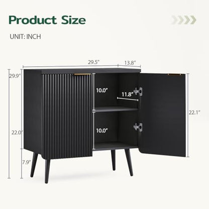 Wood Fluted Sideboard with 2 Doors, Modern Buffet Cabinet with Shelves, Multi-Space Storage Credenza Kitchen for Entryway, Dining & Living Room, Black
