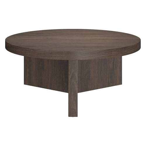36" Fluted Round Low-Profile Coffee Table with Ribbed Pedestal Base Living Room, Family Room, or Office, Rich Brown