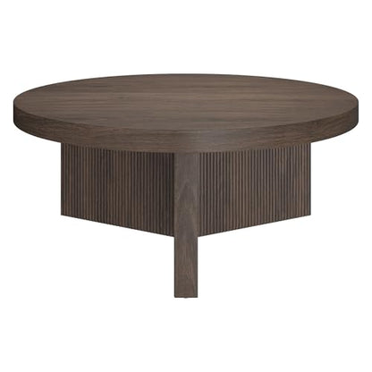 36" Fluted Round Low-Profile Coffee Table with Ribbed Pedestal Base Living Room, Family Room, or Office, Rich Brown
