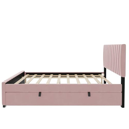JIVOIT Velvet Fabric Upholstered Platform Bed, Full Size Platform Bed with Twin Size Trundle, Upholstered Headboard and Wood Slats Support for Teens (Pink/Full,486)