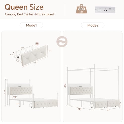 Queen Size Canopy Bed Frame with Charging Station and LED Lights, view 3
