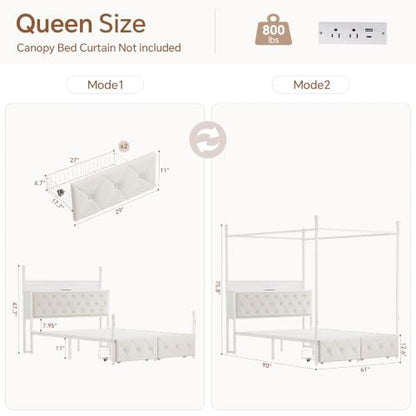 Queen Size Canopy Bed Frame with Charging Station and LED Lights, view 3