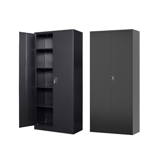 Metal Storage Cabinet-71” Tall Steel File Cabinets with Lockable Doors and Adjustable Shelves-Black Steel Storage Cabinet for Home,Kitchen, School, Office, Garage