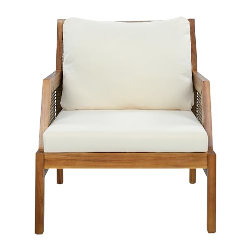 Zura Set of 2 Bohemian Acacia Wood Patio Accent Chair, Lounge Chair Outdoor Set with Wicker Accent, Patio Furniture Single Sofa with Water-Repellent Cushions, Teak+Beige