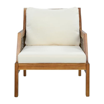 Zura Set of 2 Bohemian Acacia Wood Patio Accent Chair, Lounge Chair Outdoor Set with Wicker Accent, Patio Furniture Single Sofa with Water-Repellent Cushions, Teak+Beige