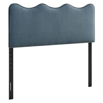 Monday Athena Queen Size Performance Velvet Adjustable Headboard in Cadet Blue - with Scalloped Wave Design and Stain-Resistant Velvet Upholstery