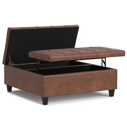 Harrison Large Coffee Table Storage Ottoman - 40 inch Wide Upholstered Vegan Leather Square Lift-Top Ottoman in Distressed Saddle Brown, Transitional Bench for Living Room with Sturdy Base