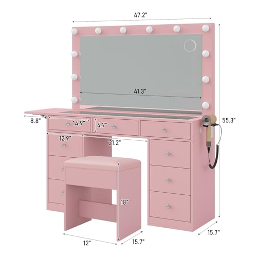 Vanity Desk with Power Outlet, Makeup Vanity with Lighted Mirror, 3 Lighting Modes Adjustable, 9 Drawers Vanity Table with Chair with Fold-up Panel, Glass Top, Dressing Table for Bedroom, Pink
