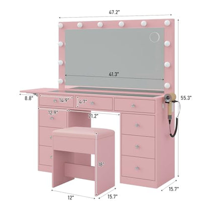 Vanity Desk with Power Outlet, Makeup Vanity with Lighted Mirror, 3 Lighting Modes Adjustable, 9 Drawers Vanity Table with Chair with Fold-up Panel, Glass Top, Dressing Table for Bedroom, Pink