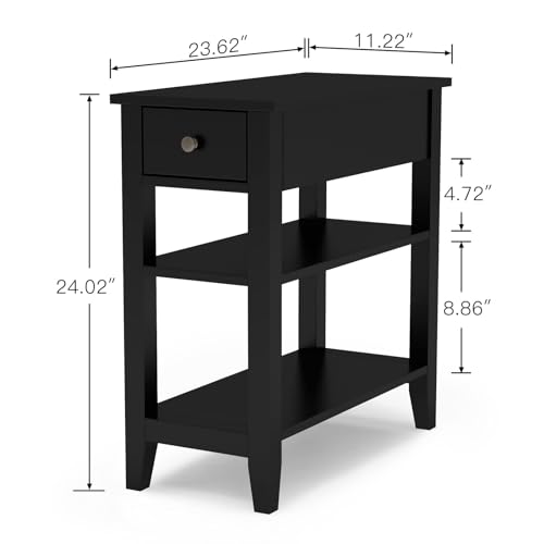 Side Table Living Room, Narrow End Table with Drawer and Shelf, 3-Tier Sofa End Table for Small Space, Black