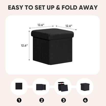 Storage Ottoman Cube Square Shaped Ottomans with Storage Foot Stool Footrest for Lving Room Boucle Ottoman Seat for Dorm Room,Faux Teddy Fur Black,12.6"x12.6"x12.6"