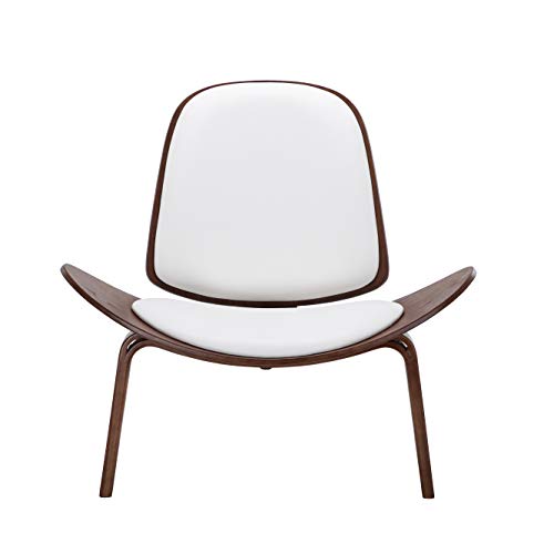 Mid-Century Modern Shell Side Accent Tripod Plywood Lounge Chair Walnut Upholstered Faux Leather, White