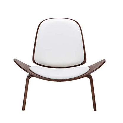 Mid-Century Modern Shell Side Accent Tripod Plywood Lounge Chair Walnut Upholstered Faux Leather, White