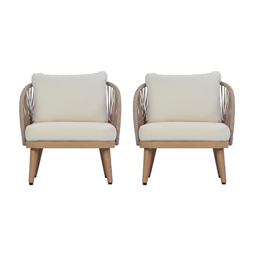 Lydia Set of 2 Boho Patio Furniture Acacia Wood Club Chairs, Outdoor Lounge Chairs, Modern Tub Accent Chairs/Arm Chairs with Rope Woven and Removable Cushions, Natural+Beige