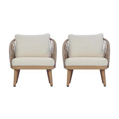 Lydia Set of 2 Boho Patio Furniture Acacia Wood Club Chairs, Outdoor Lounge Chairs, Modern Tub Accent Chairs/Arm Chairs with Rope Woven and Removable Cushions, Natural+Beige