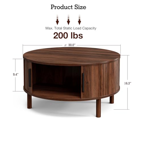 ZttRiee Coffee Table for Living Room, Modern Round Coffee Table with Cabinets & Sliding Doors, Home Small Space, 29.9" Fluted Center Table, Walnut