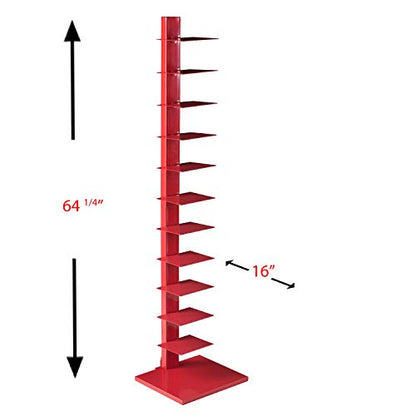 Stewartby Spine Tower Bookcase - Modern - Metal - 12 Shelves - Red - Adjustable - Space-Saving - Ideal for Home Office, Living Room, Dining Room, Bedroom (HZ9492)