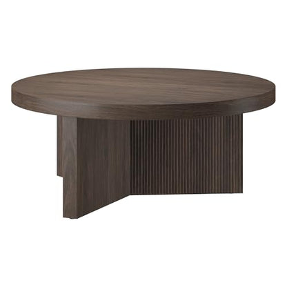 36" Fluted Round Low-Profile Coffee Table with Ribbed Pedestal Base Living Room, Family Room, or Office, Rich Brown