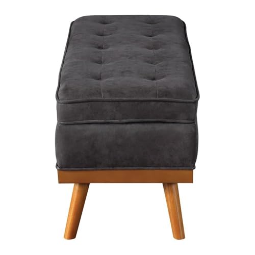 Mid-Century Storage Bench, Charcoal Faux Leather Upholstery, 43.5" W x 17.5" D x 18.5" H, Button-Tufted Design, Soft-Close Hinged Top, Tapered Solid Wood Legs, Entryway or Living Room