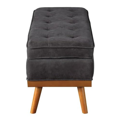 Mid-Century Storage Bench, Charcoal Faux Leather Upholstery, 43.5" W x 17.5" D x 18.5" H, Button-Tufted Design, Soft-Close Hinged Top, Tapered Solid Wood Legs, Entryway or Living Room