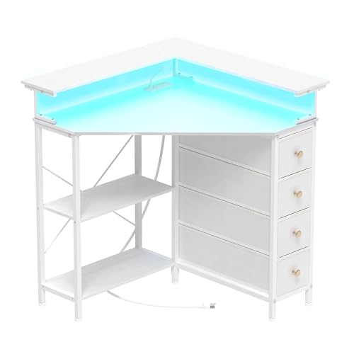 Corner Desk with Drawers Shelves for Small Space 90 Degrees Triangle Computer Desk with Power Outlets,Gaming Desk with LED Lights Monitor Stand for Home Office Workstation Writing Table (White)