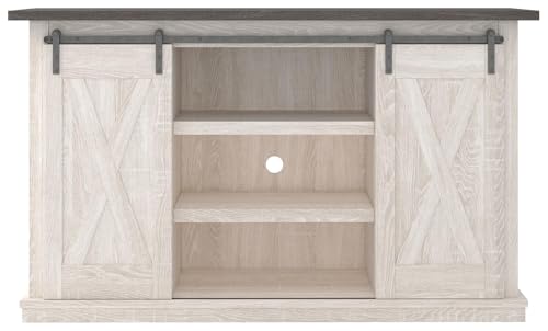 Signature Design by Ashley Dorrinson Farmhouse TV Stand Fits TVs up to 50" with Sliding Barn Doors and Storage Shelves, Whitewash & Gray