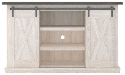 Signature Design by Ashley Dorrinson Farmhouse TV Stand Fits TVs up to 50" with Sliding Barn Doors and Storage Shelves, Whitewash & Gray