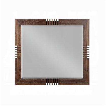 Rectangular Beveled Bedroom Mirror, 39" H x 44" W, Acacia Wood, Reclaimed Oak Finish, Transitional Style, Durable Vanity or Wall Mirror for Bedroom Decor